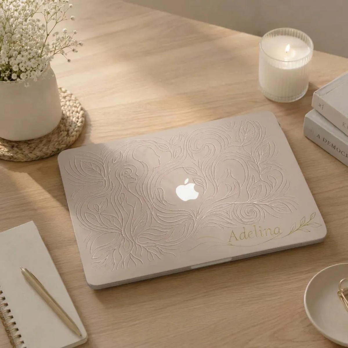 Top view of a MacBook in a beige botanical hard shell case with the Apple logo left visible, on a wooden desk with a candle, flowers and a notebook.