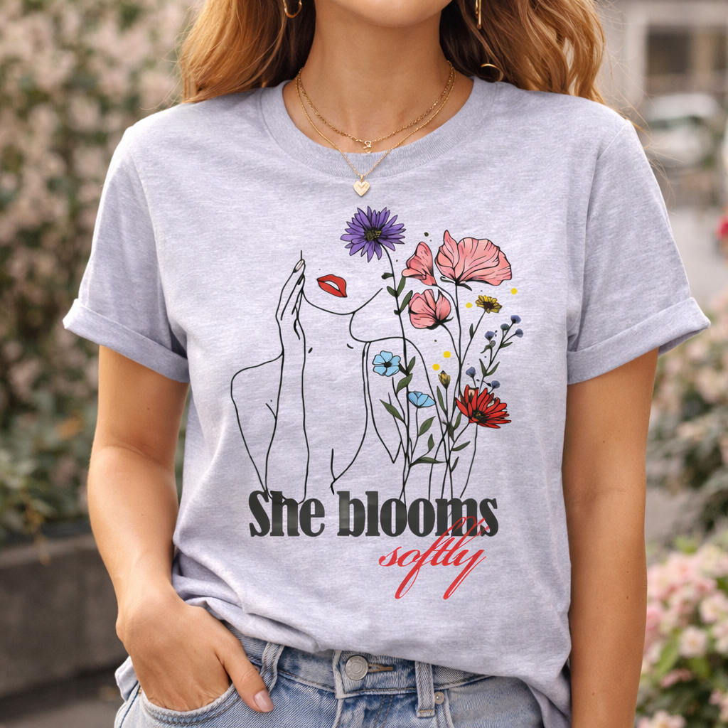Model wearing a heather grey "She Blooms Softly" T-shirt, perfectly displaying the delicate minimalist floral art design for a casual yet stylish look.