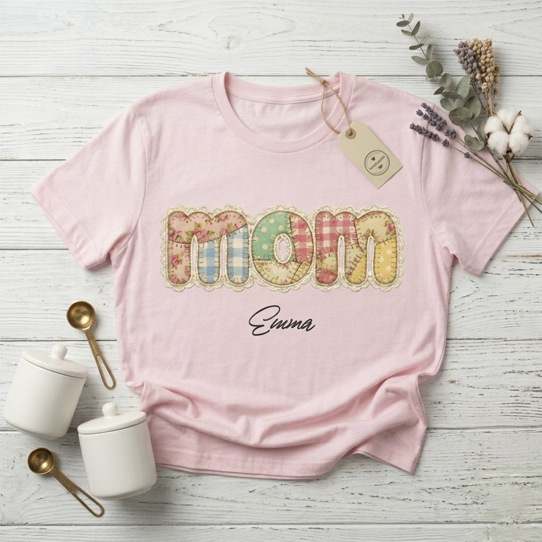 Model wearing a soft pink personalized "Mom" T-shirt, perfectly displaying the delicate quilted floral art design with name Emma script.