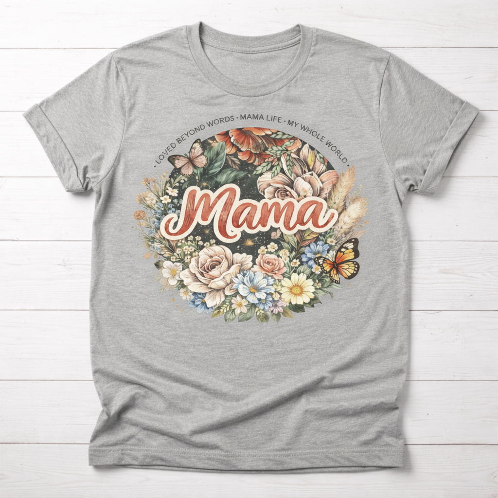 Model wearing a heather grey personalized "Mama" T-shirt, featuring the detailed vintage botanical floral art design for a casual yet stylish look.
