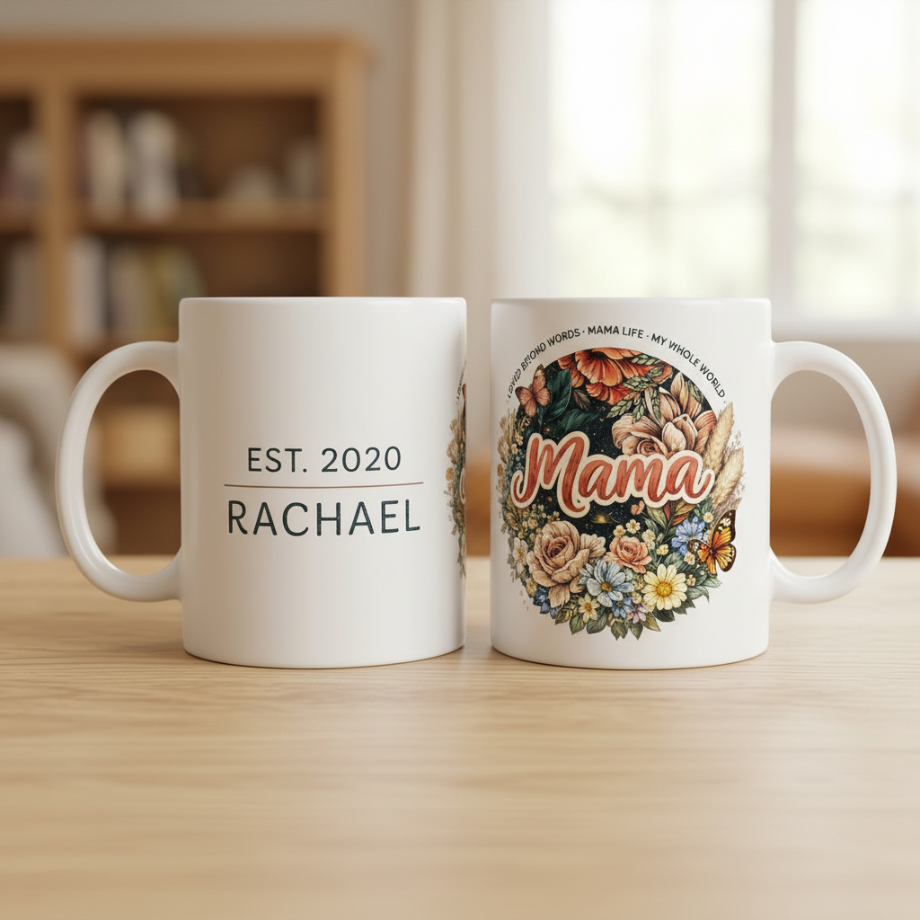Personalized "Mama" Floral Wreath Mug with Kids Name | Custom EST. Year Botanical Coffee Cup | Cottagecore Wildflower Mother's Day Gift