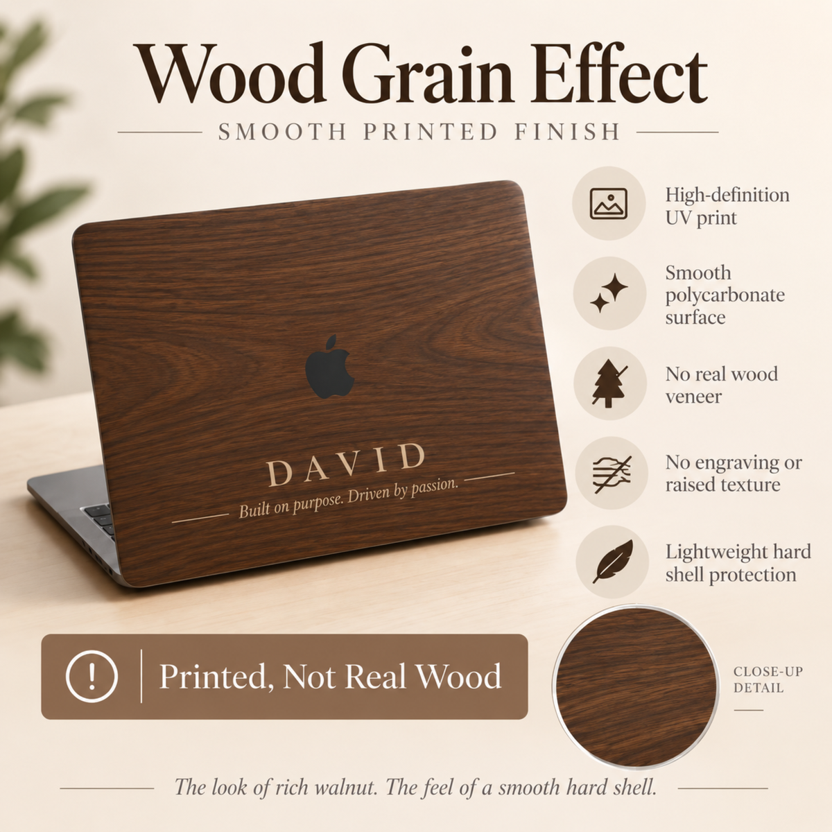 Wood grain effect MacBook case infographic from TrioAuraDesign, showing a personalized dark brown hard shell with custom name “DAVID” and a short phrase below. The graphic explains that the realistic walnut wood appearance is created with high-definition UV printing on a smooth polycarbonate surface. No real wood veneer, engraving, or raised texture. Includes a close-up of the printed wood grain and lightweight hard shell protection.