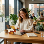 Smiling woman working on personalized abstract geometric MacBook case with custom name Olivia in modern bright coworking cafe with large windows, monstera plants and city view, coffee cup and notebook on table — terracotta mustard navy and cream color block hard shell laptop cover with elegant serif name personalization, Apple logo visible through an unprinted area, slim snap-on fit, for MacBook Air 13 M2 M3 M4 M5 and MacBook Pro 14 16 M3 M4 M5, modern aesthetic personalized gift for her