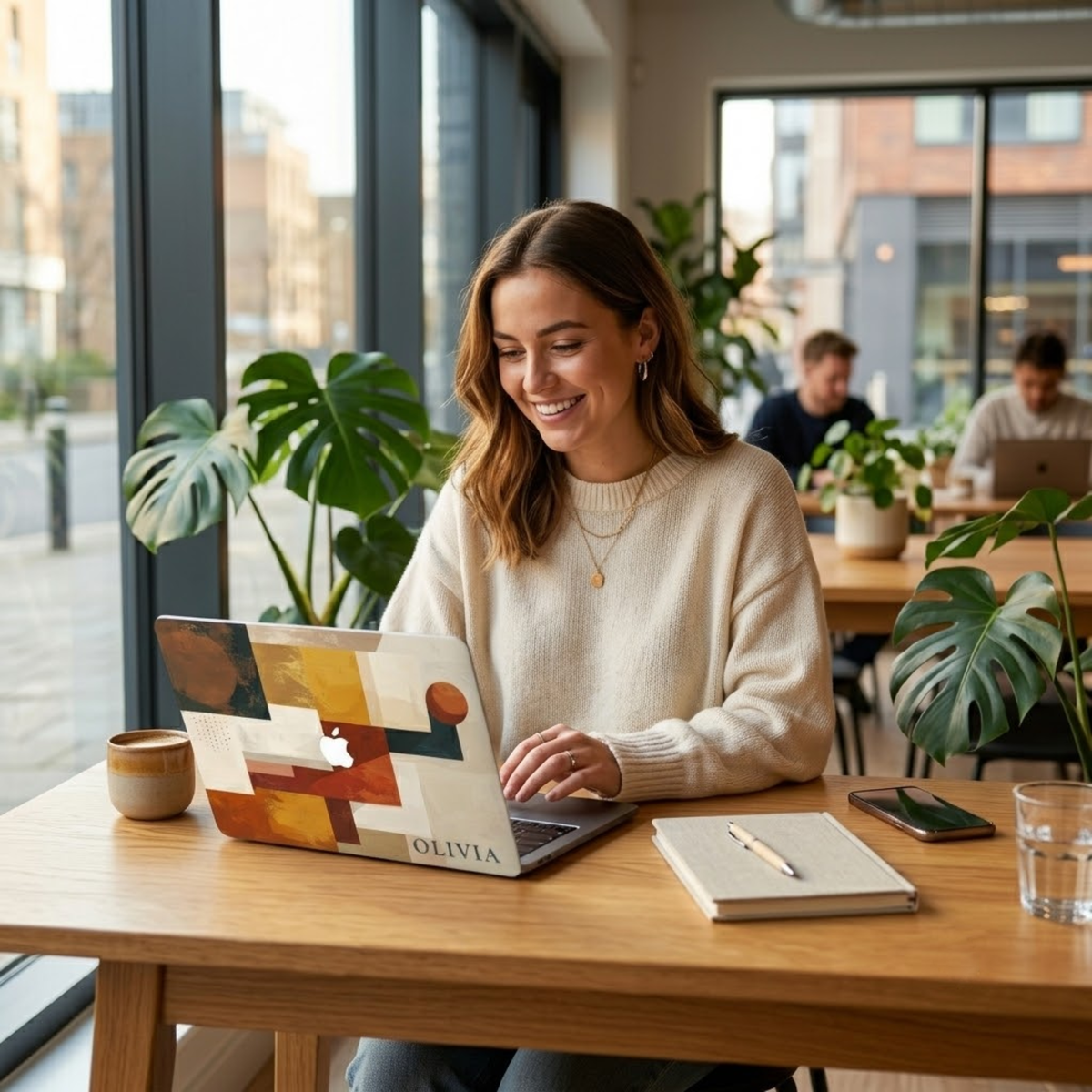 Smiling woman working on personalized abstract geometric MacBook case with custom name Olivia in modern bright coworking cafe with large windows, monstera plants and city view, coffee cup and notebook on table — terracotta mustard navy and cream color block hard shell laptop cover with elegant serif name personalization, Apple logo visible through an unprinted area, slim snap-on fit, for MacBook Air 13 M2 M3 M4 M5 and MacBook Pro 14 16 M3 M4 M5, modern aesthetic personalized gift for her