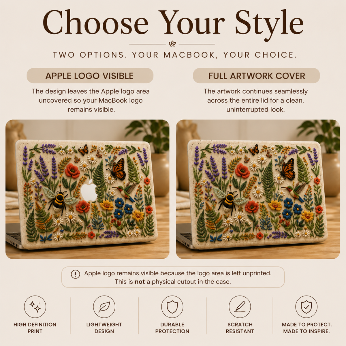 Comparison infographic showing two style options for our botanical embroidery effect MacBook case. The left side displays the Apple logo visible with the logo area left unprinted, while the right side features full artwork coverage for a seamless design. The infographic highlights the realistic embroidery look, smooth printed hard shell surface, lightweight protection,  and high-definition print for MacBook Air and MacBook Pro models.