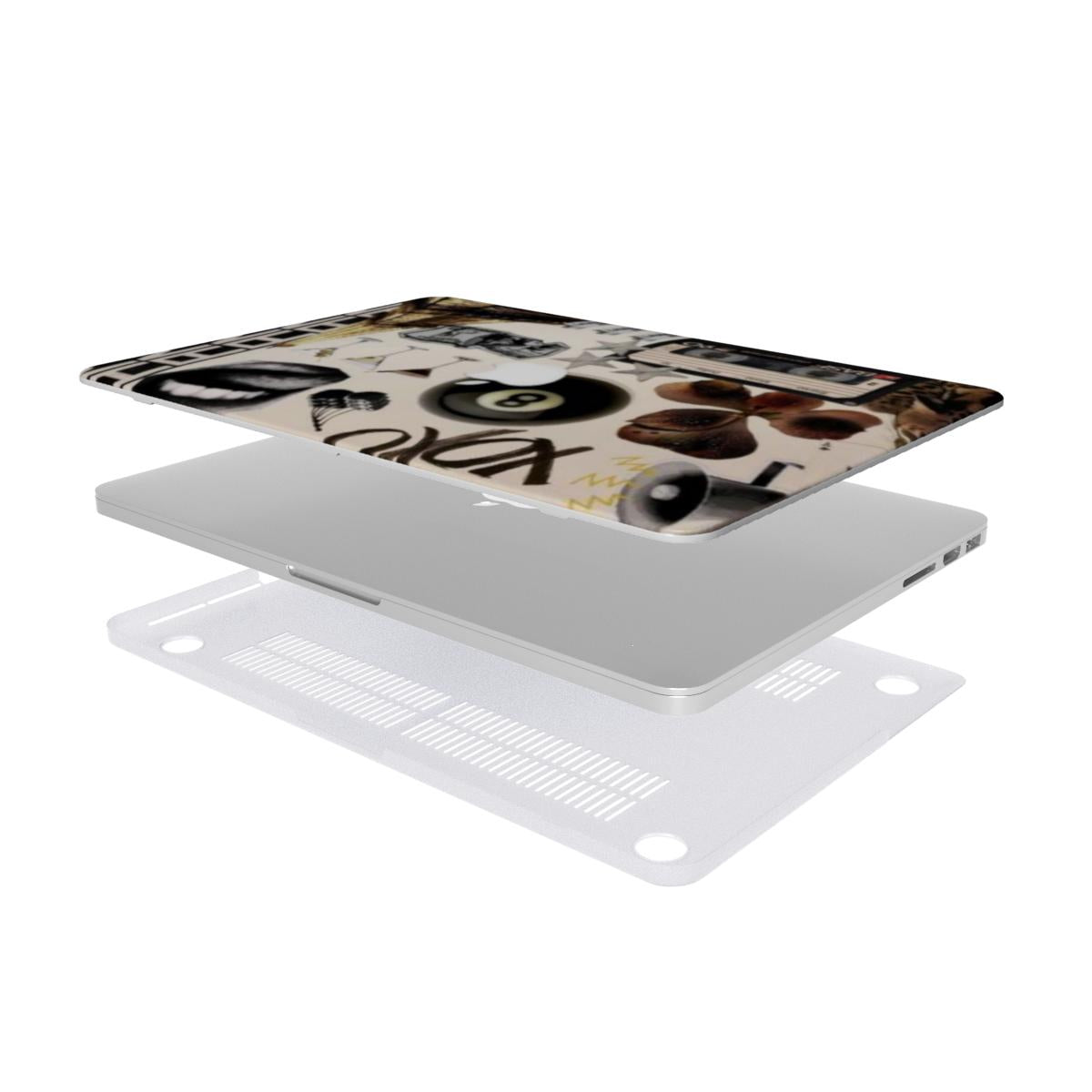 An exploded view of a protective case kit for a MacBook, showing the top printed retro collage shell, the silver laptop, and a clear vented bottom cover with rubber feet, set against a clean white background.