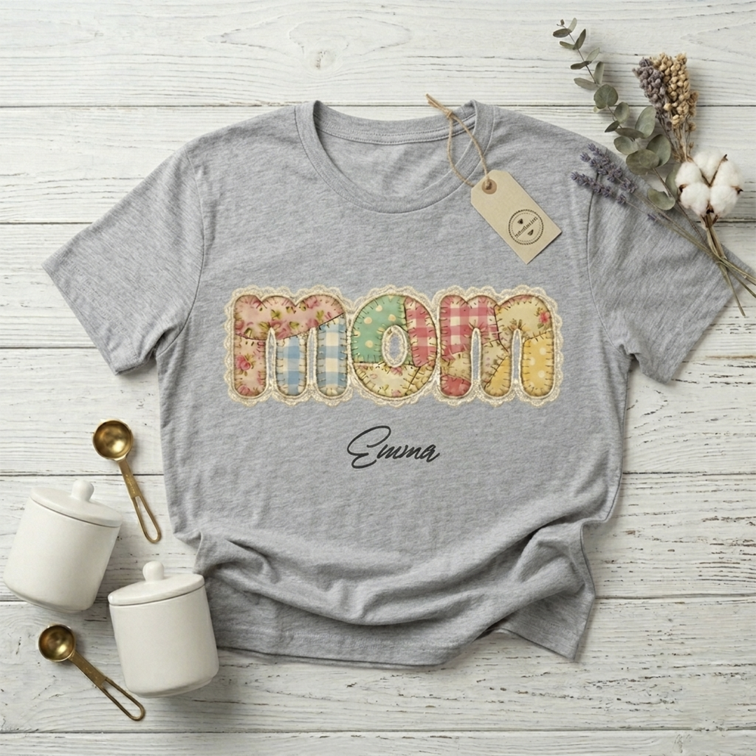 Model wearing a heather grey personalized "Mom" T-shirt, featuring the detailed minimalist patchwork floral art design for a casual yet stylish look.
