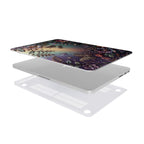 Exploded view of a MacBook hardshell case featuring the 3D visual effect Secret Garden design on the top cover, a sleek silver laptop body, and a matching white vented bottom protective shell designed for optimal heat dissipation and air circulation.