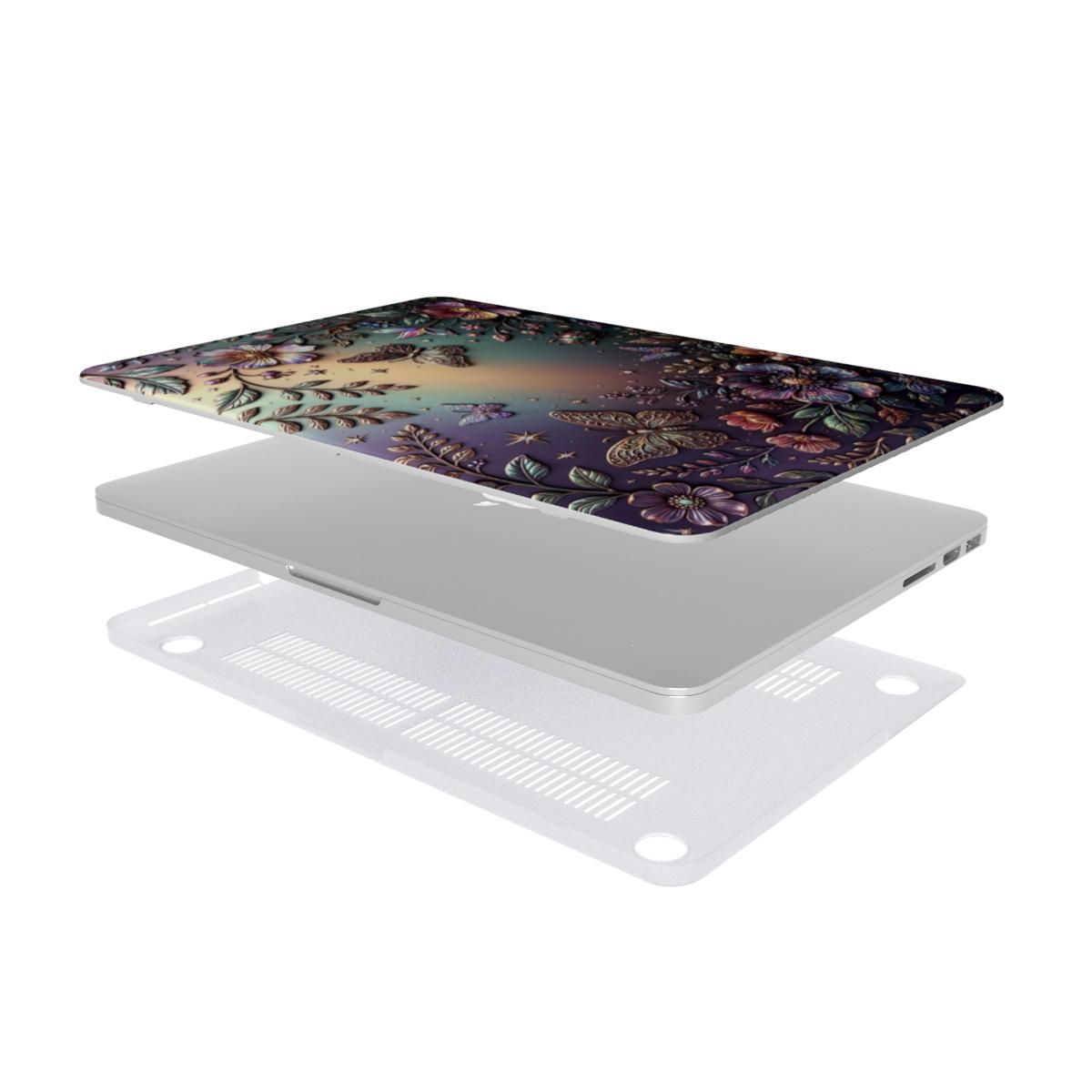 Exploded view of a MacBook hardshell case featuring the 3D visual effect Secret Garden design on the top cover, a sleek silver laptop body, and a matching white vented bottom protective shell designed for optimal heat dissipation and air circulation.