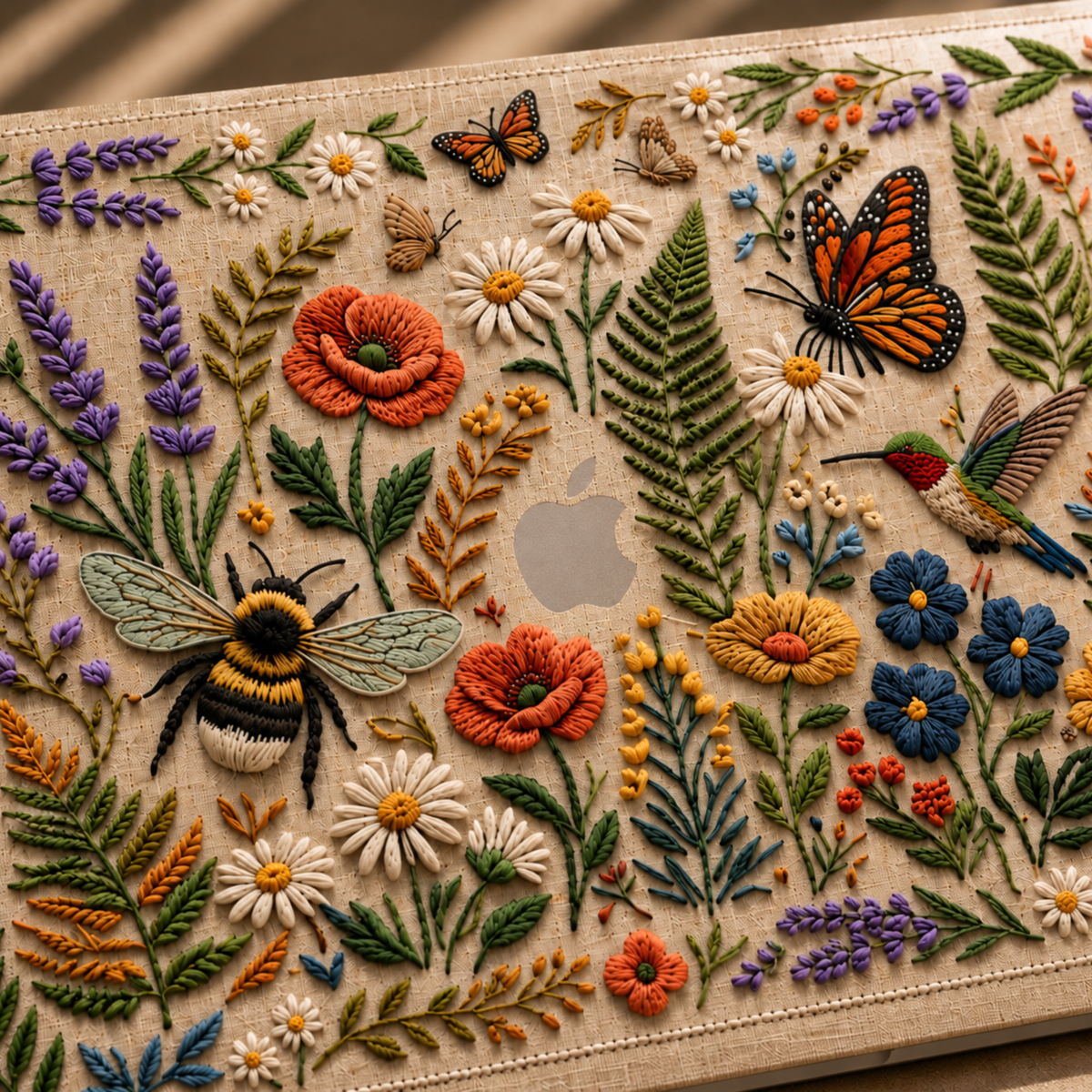 Close-up of a TrioAuraDesign MacBook case with a colorful embroidery-effect botanical garden on a beige background, featuring wildflowers, daisies, poppies, lavender, butterflies, a bumblebee and a hummingbird. The Apple logo is centered and visible through an unprinted logo area, with no physical cutout. Warm natural lighting highlights the detailed stitched-look artwork.