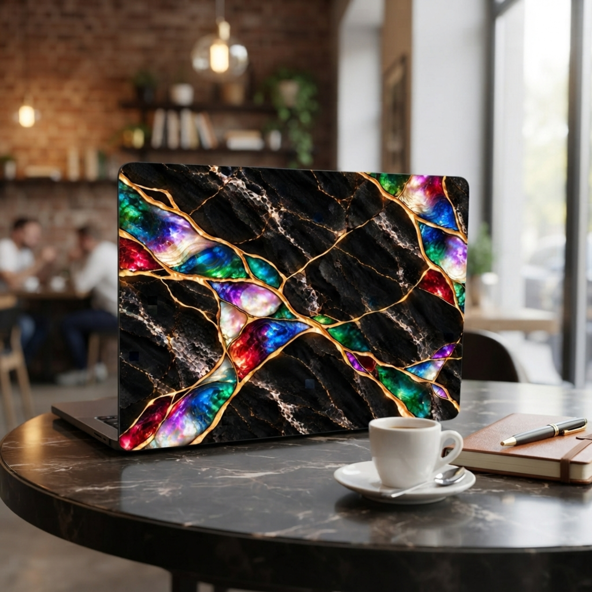 MacBook in a Jewel Tone black marble effect case on a café table next to a cup of coffee.