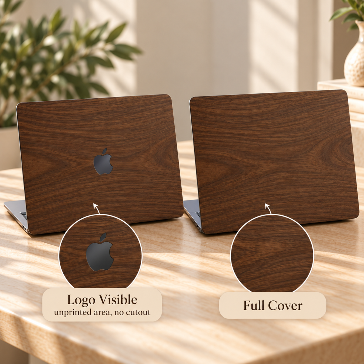 Side-by-side comparison of two TrioAuraDesign wood grain effect MacBook cases on a sunlit desk, with close-up circles. Logo Visible leaves the Apple logo area unprinted so the device logo shows through, with no physical cutout. Full Cover continues the dark walnut wood print across the entire lid. Both are UV-printed on a smooth polycarbonate hard shell, not real wood, for MacBook Air, Pro and Neo.