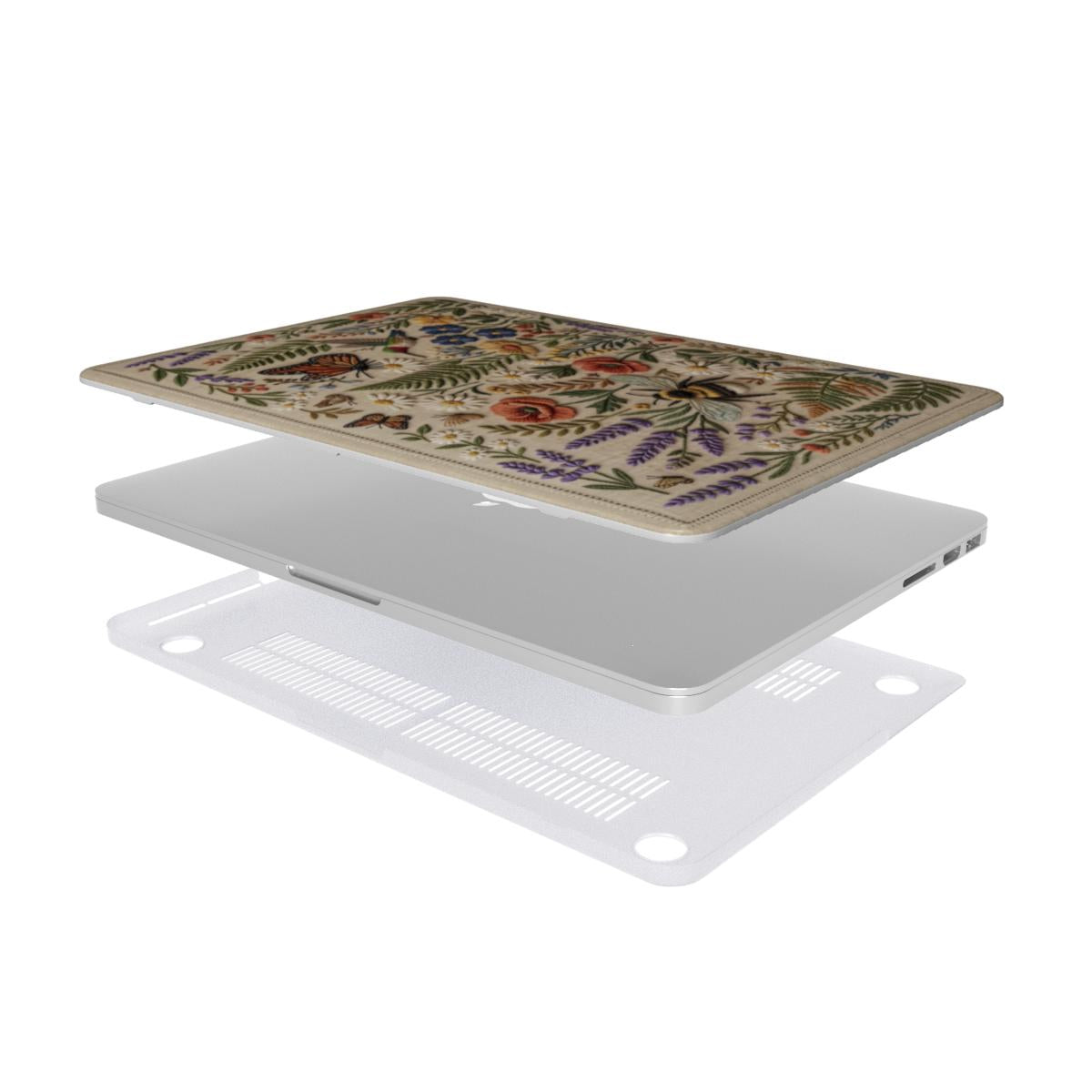 3.D. exploded view of the Secret Garden case kit showing top floral shell, laptop, and vented bottom cover.