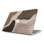 A side perspective view of a silver MacBook featuring a minimalist hard shell case with a brown and beige abstract wave design. The organic flow patterns and earth tones create a modern aesthetic.