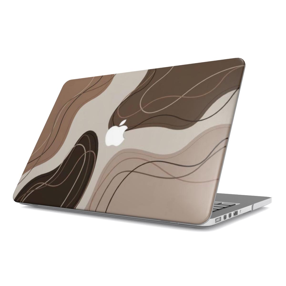 A side perspective view of a silver MacBook featuring a minimalist hard shell case with a brown and beige abstract wave design. The organic flow patterns and earth tones create a modern aesthetic.