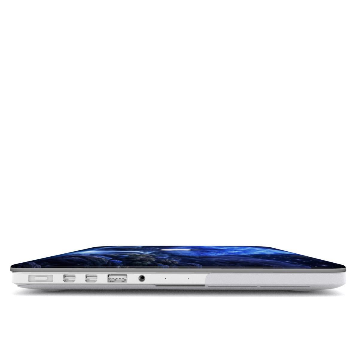Side view of a MacBook protected by a 3D-effect glowing blue tree hardshell case, showing precise cutouts for ports.