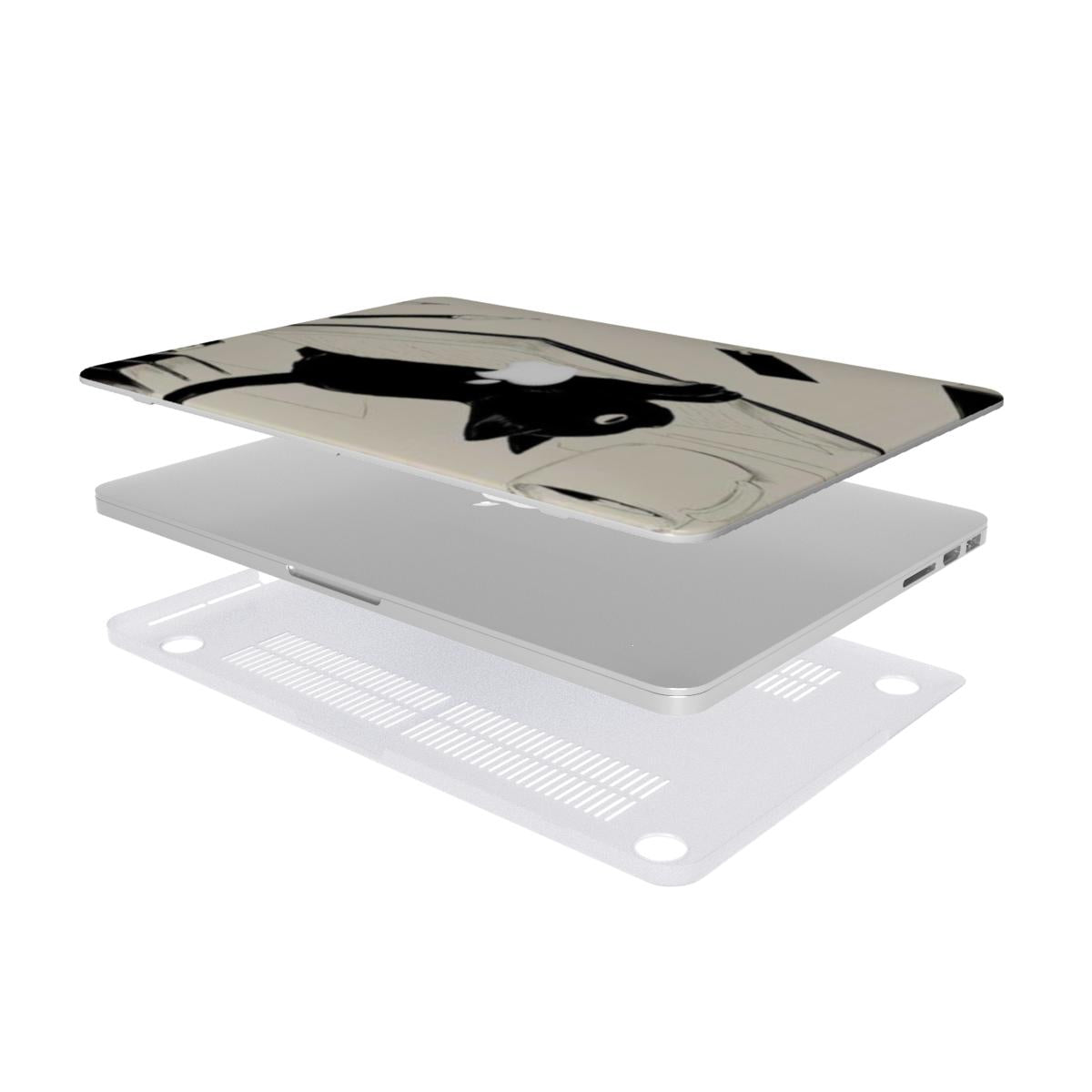 An exploded view of a two-piece MacBook protective case set. The top plate features a minimalist black cat and book ink sketch on a cream background. The middle layer shows the silver laptop, and the bottom piece is a frosted translucent protector with specialized cooling vents and anti-slip feet for heat management.