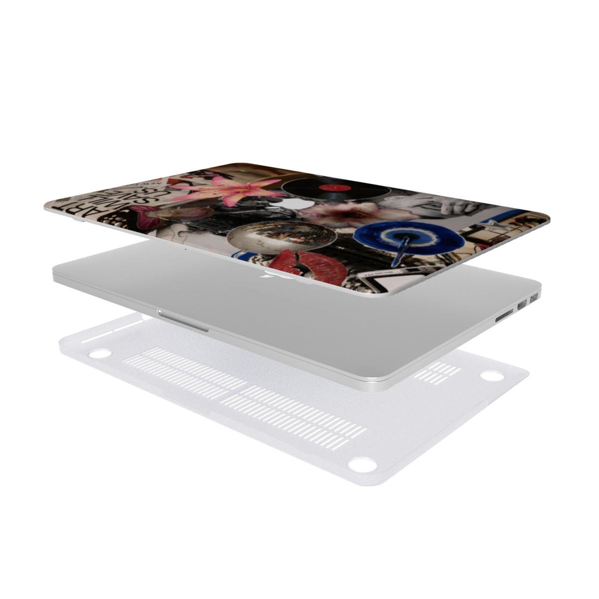 Exploded view of a MacBook hard shell case showing three layers: the top cover with "Art Will Save Us" collage design, the laptop device, and the vented bottom protective shell with rubber feet.