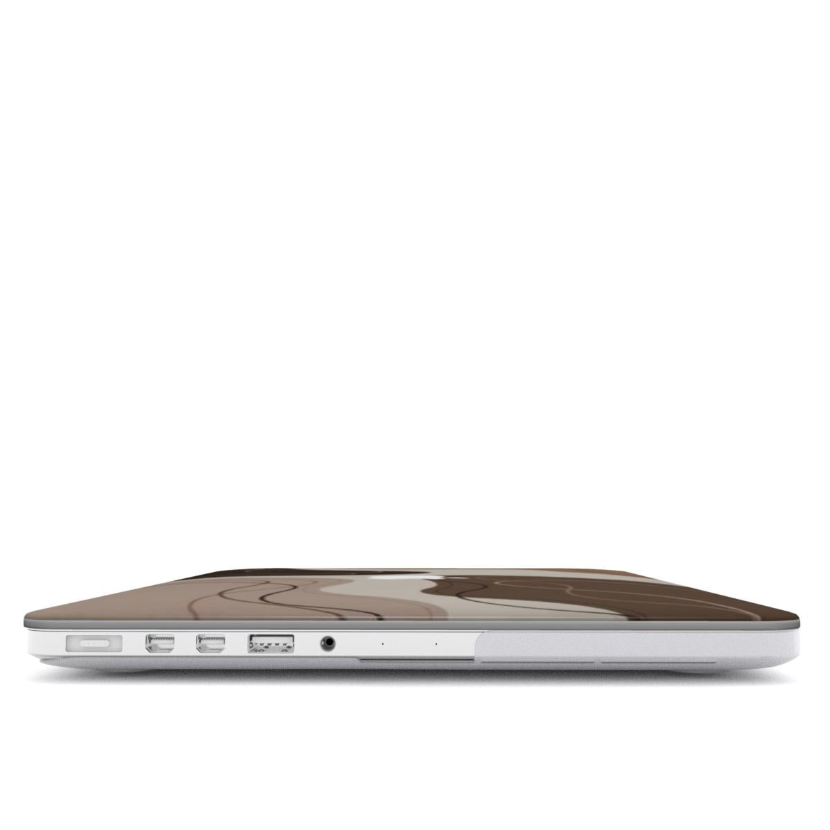 Side profile view of a MacBook with a slim-fit mocha abstract case. The image highlights the precise cutouts for ports and the thin, protective profile of the hard shell cover.