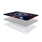 Exploded view of a MacBook hardshell case featuring a futuristic quantum swirl cosmic design on the top cover, showing the silver laptop body and a clear, vented bottom protective shell for heat dissipation.