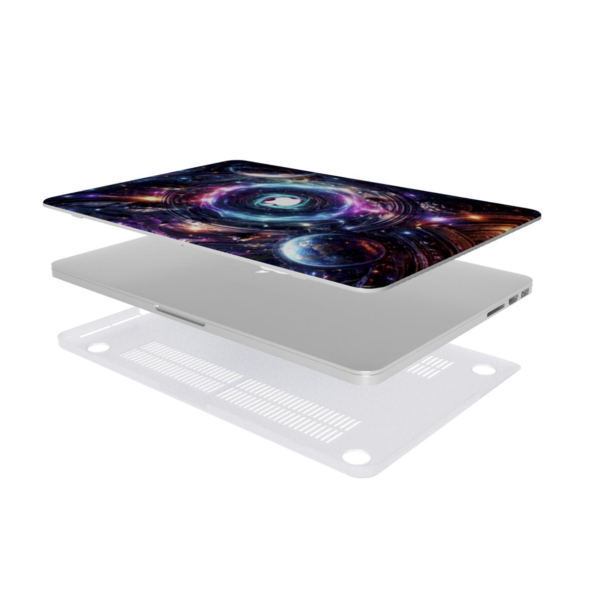 Exploded view of a MacBook hardshell case featuring a futuristic quantum swirl cosmic design on the top cover, showing the silver laptop body and a clear, vented bottom protective shell for heat dissipation.