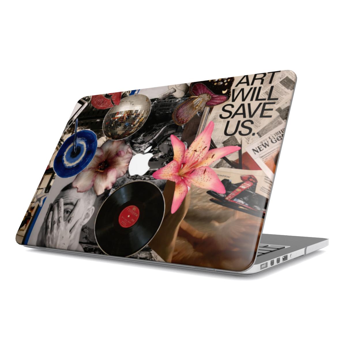 MacBook hard shell case with an Apple logo cutout, featuring an "Art Will Save Us" collage design with a pink lily, vintage vinyl, and disco ball on a white background.