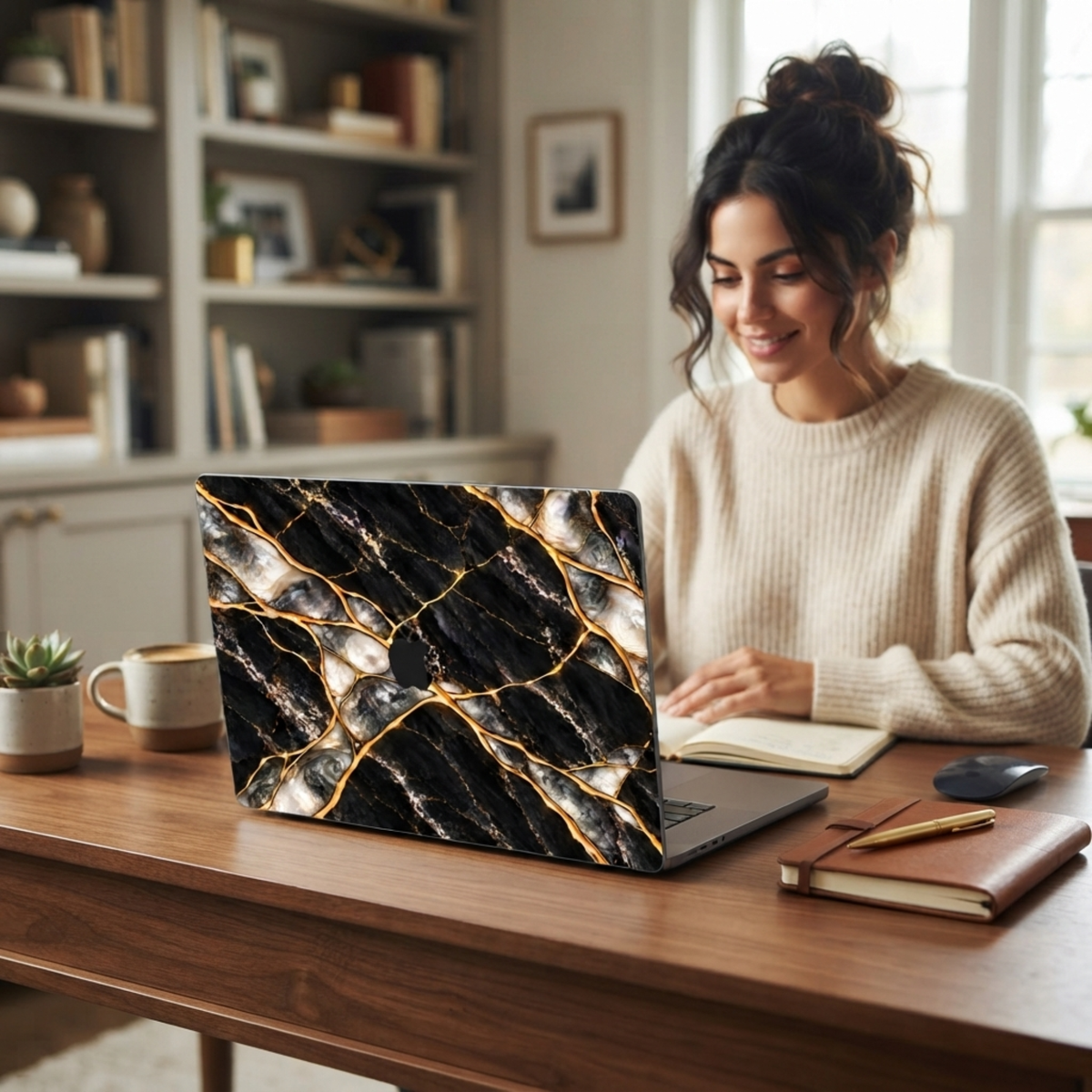 Woman with her hair in a bun working on a MacBook in a Black Pearl marble effect hard shell case.