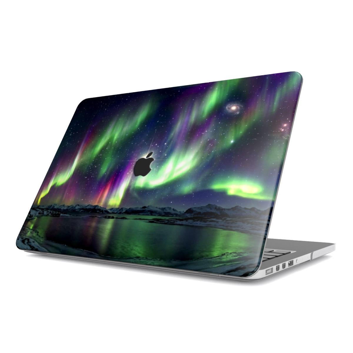 Isolated angled view of a MacBook with a protective hard shell case against a white background. The case features a Northern Lights design of a vibrant green and purple Aurora Borealis over a snowy arctic landscape and a reflective lake, with a dark cutout showing the Apple logo.