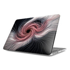 A 3/4 studio shot of a silver MacBook featuring a premium custom hard shell case with a futuristic 3D flow design. The artwork shows a dynamic swirl of glowing pink, rose gold, and silver fiber-optic lines spiraling toward the central white Apple logo on a deep black background. The case has a high-quality matte finish and fits perfectly on a clean white background.