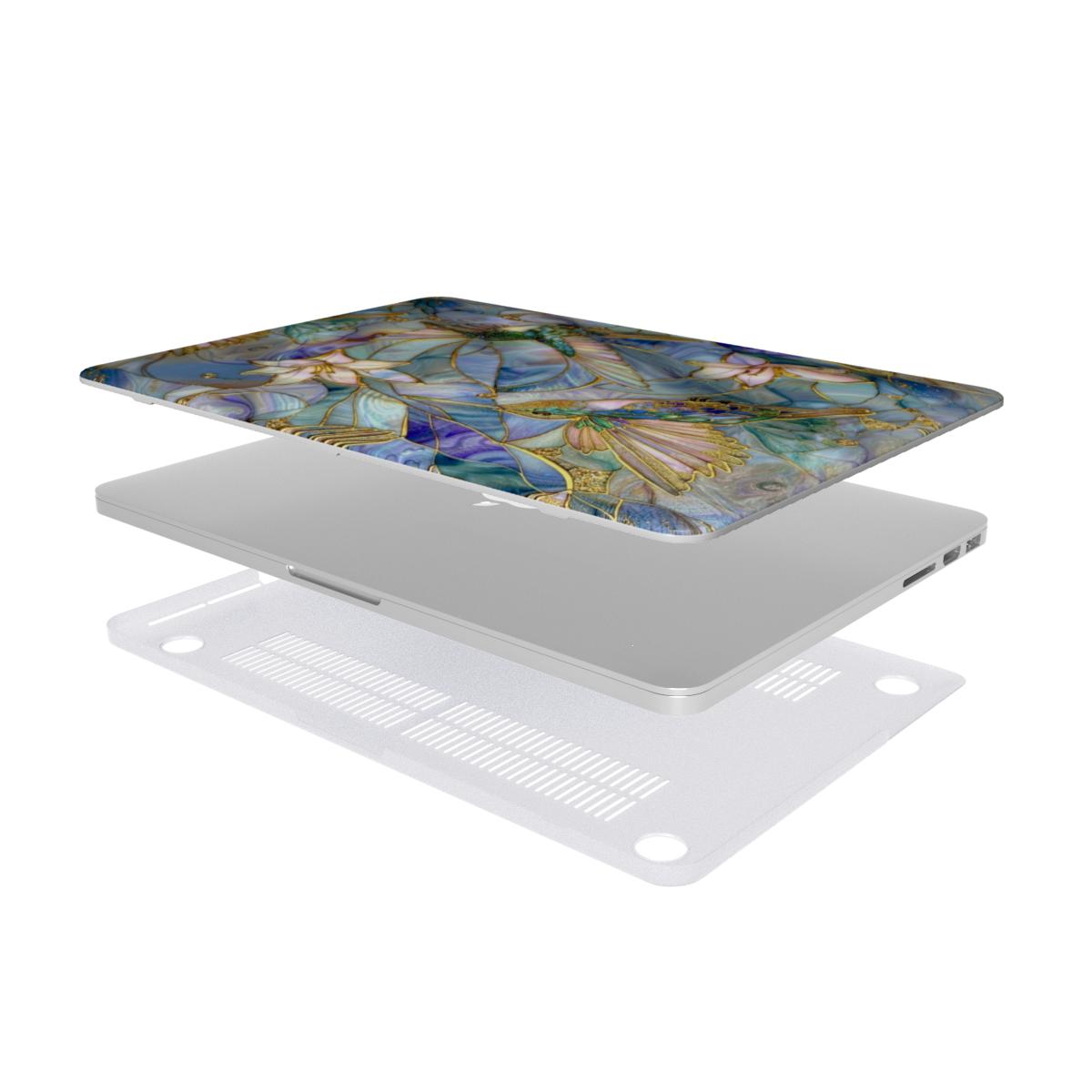 Exploded view showing the protective components of a MacBook case: the top cover featuring an intricate stained glass hummingbird and floral design with golden outlines, the silver laptop, and the clear vented bottom shell designed for optimal heat dissipation, against a white background.