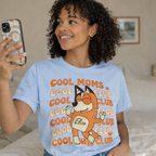 Personalized Light Blue Dog Mom Shirt on Model, Custom Cool Moms Club Apparel with Pet Name, Retro Aesthetic Gifts for Pet Owners, Comfort Colors Bluey Style Tee, High Quality Printed Graphic Shirt, TrioAuraDesign.