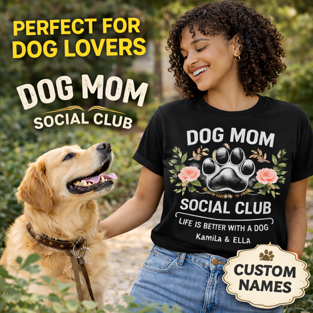 Personalized Black Dog Mom Social Club Shirt with Golden Retriever, Custom Pet Names Kamila & Ella Tee, Floral Paw Print Design, Perfect Gift for Dog Lovers Graphic, TrioAuraDesign Exclusive.