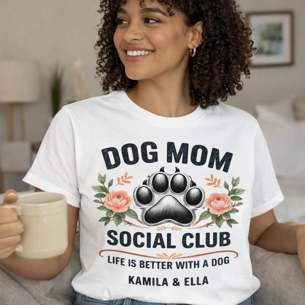 Personalized White Dog Mom Social Club Shirt on Model, Custom Pet Names Kamila & Ella T-shirt, Floral Paw Print Aesthetic with Roses, Best Gift for Dog Lovers, High-Quality Printed White Tee, TrioAuraDesign.