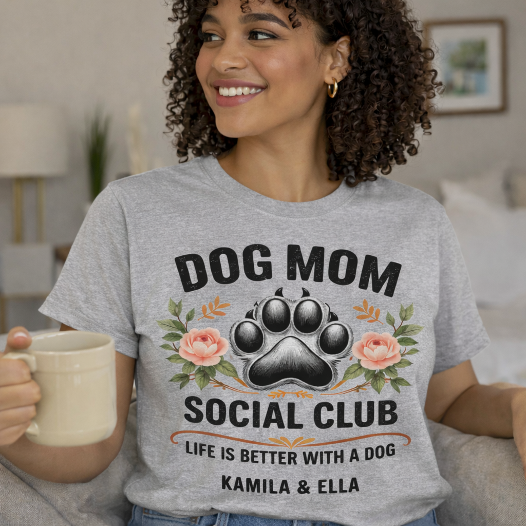 Personalized Sport Grey Dog Mom Social Club Shirt on Model, Custom Pet Names Kamila & Ella T-shirt, Floral Paw Print Aesthetic, Relaxed Fit Grey Tee for Dog Lovers, High-Quality Direct-to-Garment Print, TrioAuraDesign.