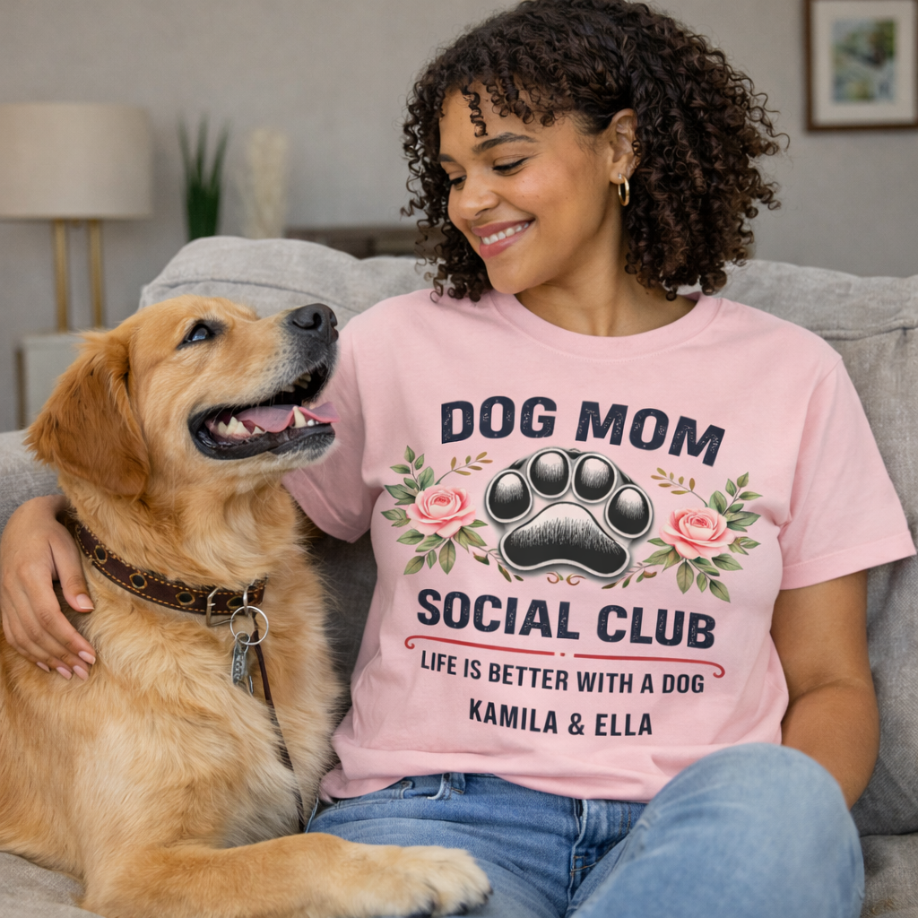 Model wearing Personalized Pink Dog Mom Social Club Shirt while hugging a Golden Retriever, Custom Pet Names Kamila & Ella Tee, Aesthetic Floral Paw Print Design, Best Gift for Dog Lovers, Lifestyle Pet Parent Apparel, TrioAuraDesign.