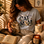 Lifestyle photo of a woman in a gray personalized 'Cat Mom' floral T-shirt relaxing with her cat, holding a 'Cat Mom Fuel' mug in a cozy room.