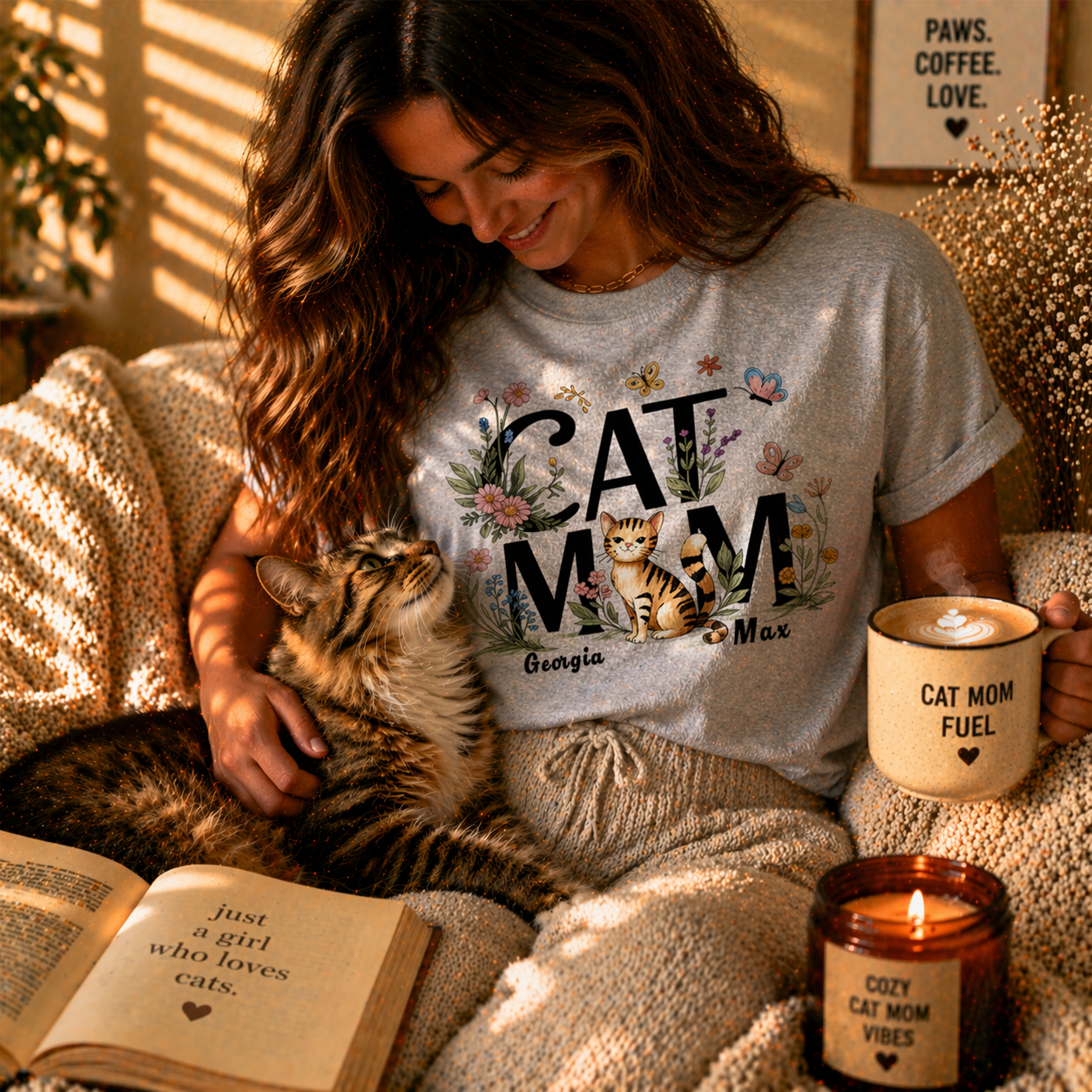 Lifestyle photo of a woman in a gray personalized 'Cat Mom' floral T-shirt relaxing with her cat, holding a 'Cat Mom Fuel' mug in a cozy room.