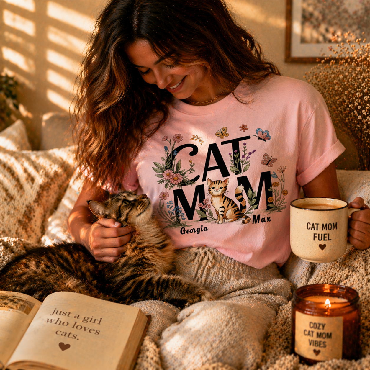 Lifestyle photo of a woman in a pink personalized 'Cat Mom' floral T-shirt relaxing with her cat, holding a 'Cat Mom Fuel' mug in a cozy room.