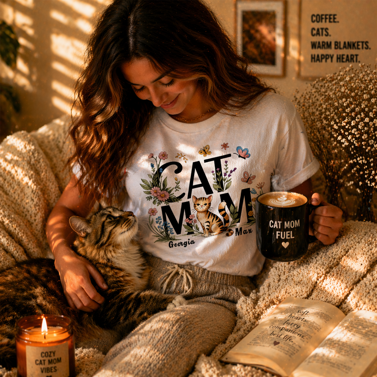 Lifestyle photo of a woman relaxing with her tabby cat, wearing a personalized 'Cat Mom' floral T-shirt with custom names Georgia and Max, and holding a black mug that says 'Cat Mom Fuel' in a warm, cozy interior.