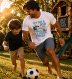 A happy, barefoot father and son playing soccer outdoors in a grassy yard during a warm sunset. The father wears a personalized white t-shirt featuring a "Father Figure" design and the custom name "Sam." In the background, there is a wooden playset with a sign that reads "BEST DAD EVER."