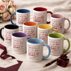 White ceramic mug with a colorful handle and interior, featuring a burgundy "Soft Life Mom" illustration and "MOM: you deserve this moment" text. Elegant Mother's Day gift by TrioAuraDesign.
