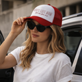Red and white "Soft Life Mom" trucker hat, a perfect Mother's Day gift for her. Stylish vintage-style accessory present by TrioAuraDesign.