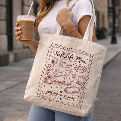 Natural canvas tote bag, an ideal Mother's Day gift featuring a burgundy "Soft Life Mom" illustration. The perfect present for her by TrioAuraDesign.