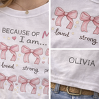 custom mom shirt with pink bows design close up, personalized name Olivia, soft cotton unisex t-shirt detail view