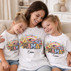 Matching mother and daughter outfits featuring custom floral MAMA and mini rainbow graphic shirts.