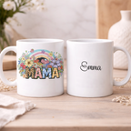 Double-sided personalized MAMA mug mockup showing the floral rainbow design on one side and the custom name Emma on the other