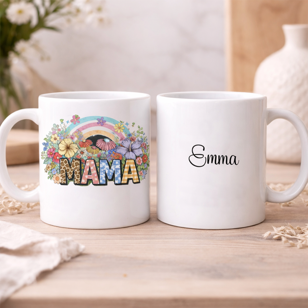 Double-sided personalized MAMA mug mockup showing the floral rainbow design on one side and the custom name Emma on the other