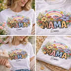 Close-up of MAMA shirt design with leopard print, blue gingham letters, and colorful wildflowers