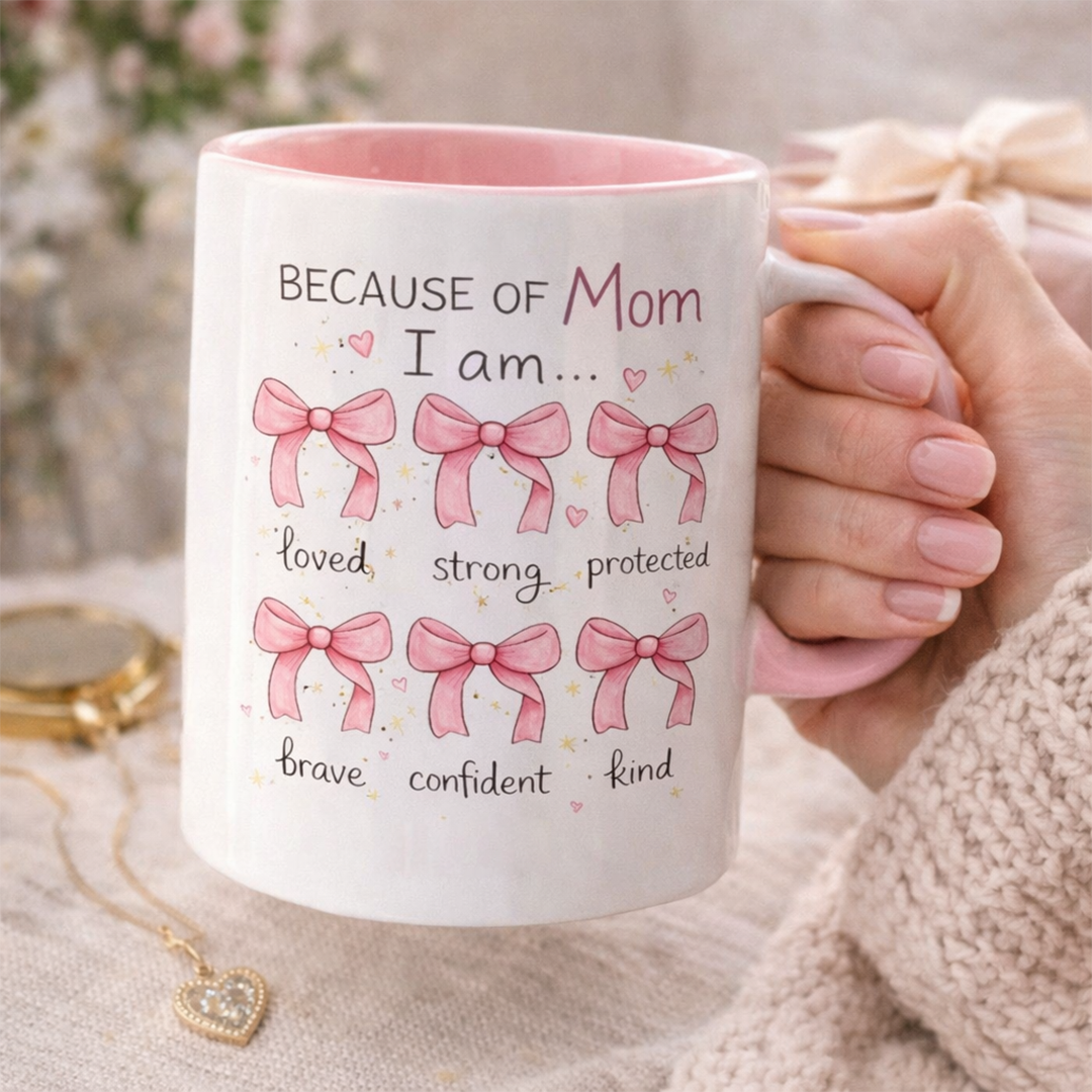 White ceramic mug with pink handle and interior, held by a woman. The mug features an illustration with text "BECAUSE OF Mom I am..." above six pink bows and inspiring words: "loved, strong, protected, brave, confident, kind." Mother's Day gift by TrioAuraDesign.