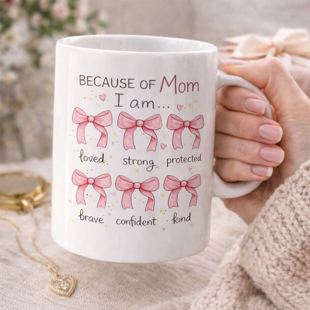 Because of Mom I Am..." inspirational mug with pink bows illustration and text listing qualities: loved, strong, brave, confident, kind. Special Mother's Day present.